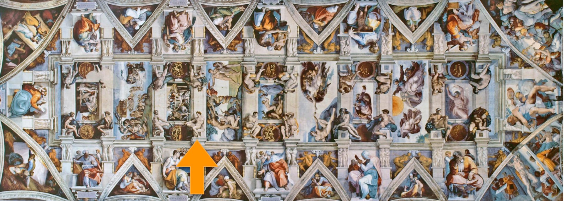 A close up of the ceiling with many pictures